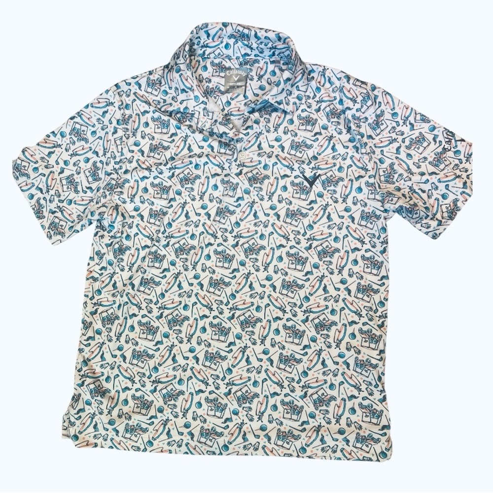 Callaway White Short Sleeve Polo with Blue & Teal Golf Print